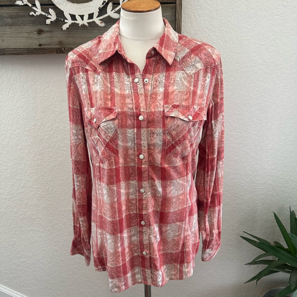 Wrangler Retro Pink Plaid Pearl Snap Western Shirt size M